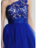 Royal Blue Tulle Lace One Shoulder Knee Length Prom Dress